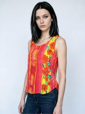 VTG Jams World "Fire Daisy" Floral Tank Top Size S - Watercolor Print Scoop Neck